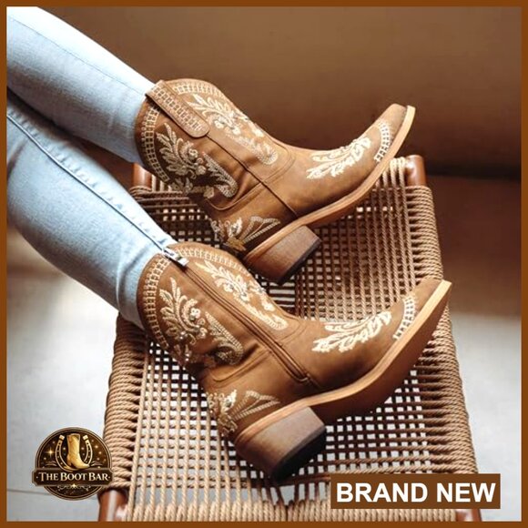 Sparkly Embroidered Rhinestone Cowboy Boots with Side Zipper, PU Leather - Picture 2 of 7